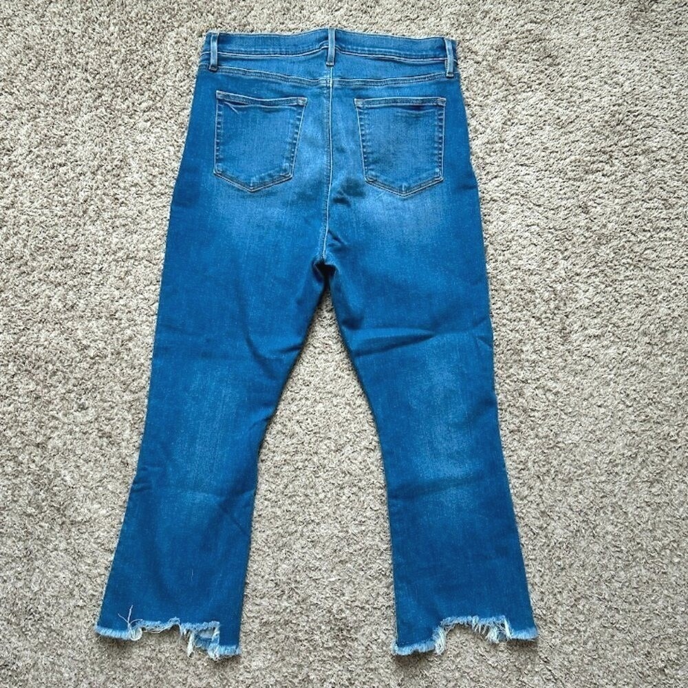 LOFT High Rise Button Fly Flare Cropped Jeans I Distressed Frayed Hem I Size 14 - Picture 2 of 11